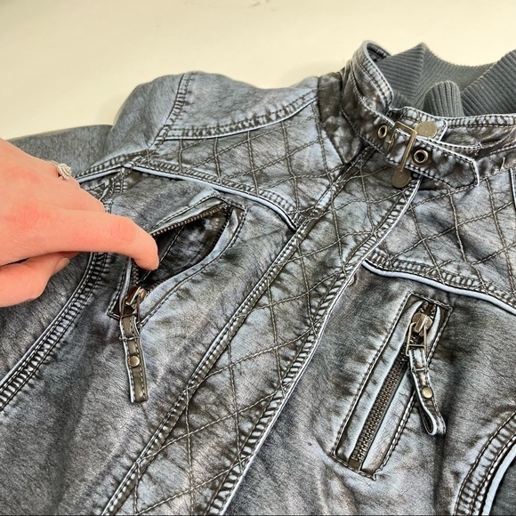 POINT ZERO Blue Acid Washed Vegan Leather Quilted Moto Style Collar Jacket Coat - Picture 5 of 15